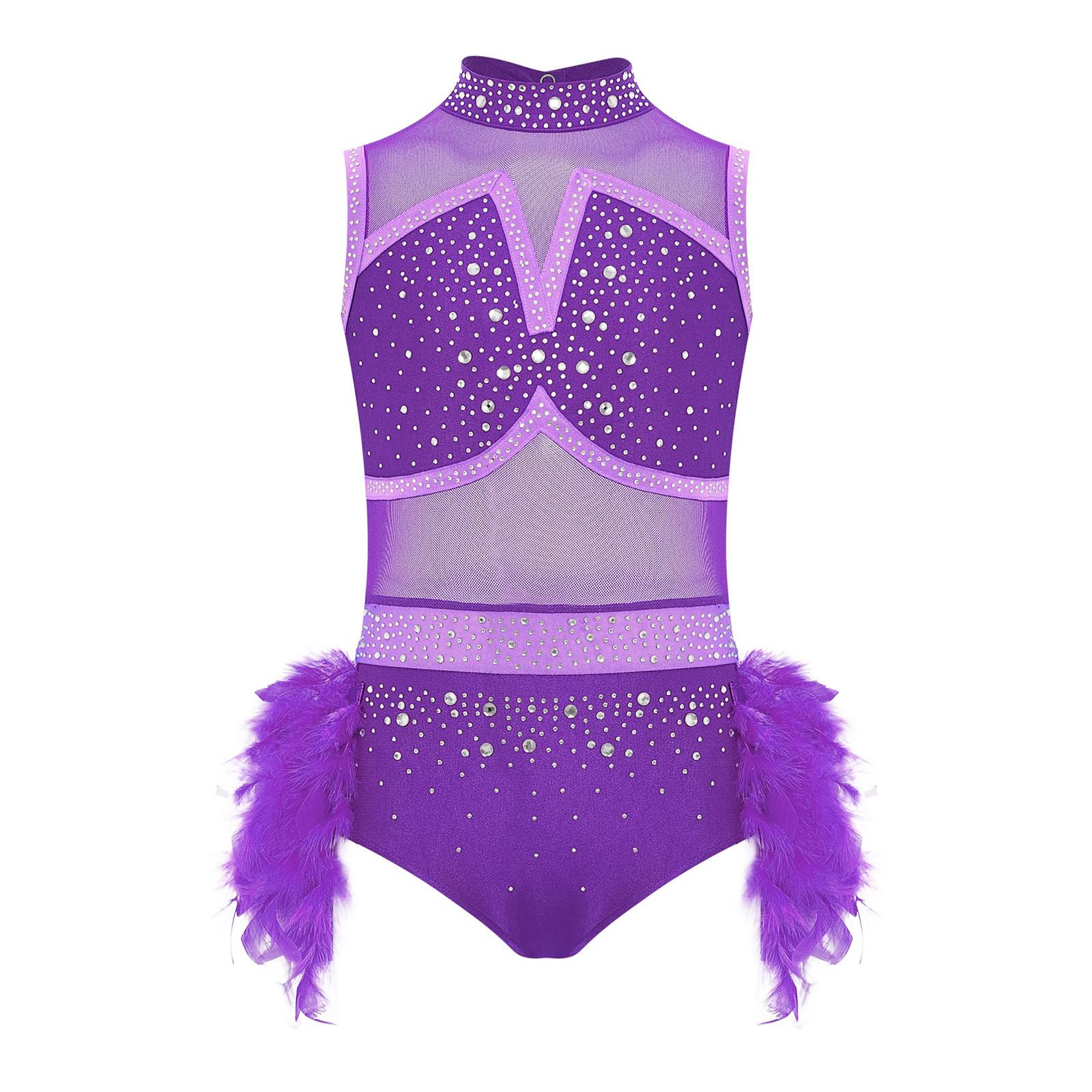

Костюм для латиноамериканських танців для дівчаток, без рукавів, з вирізом на спині, леотар з блискучими стразами, кольоровий блок, вбрання зі спідницею з пір я 13-14 Years фіолетовий
