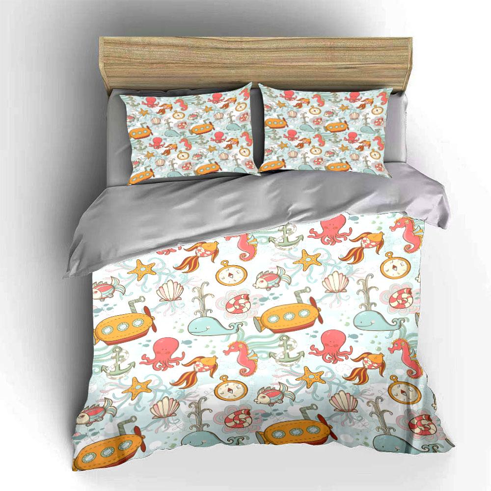 Underwater Cartoon Sea Pattern Bedding Duvet Cover Set  (1*Duvet Cover 2*Pillowcases, without duvet insert)