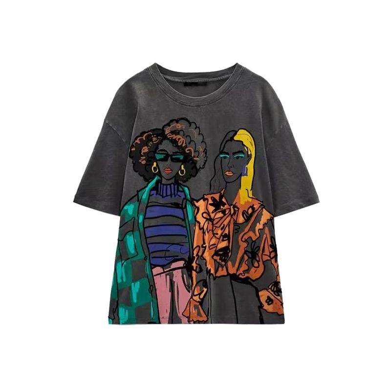 Autumn and Winter New Design Sense Niche Retro Round Neck Short Sleeve Top Girl Print T-shirt 1131897