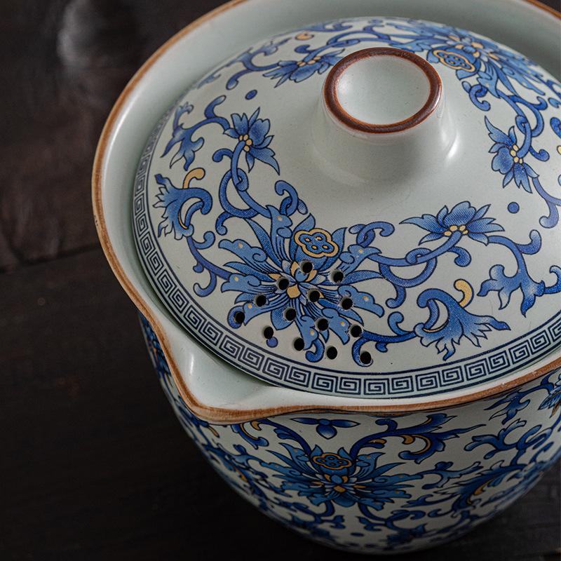 Ru Kiln Blue and White Blessed Three Talents Cover Bowl Retro Kung Fu Tea Set Household Ceramic Bubble Belt Not Hot Cup Travel Outdoor