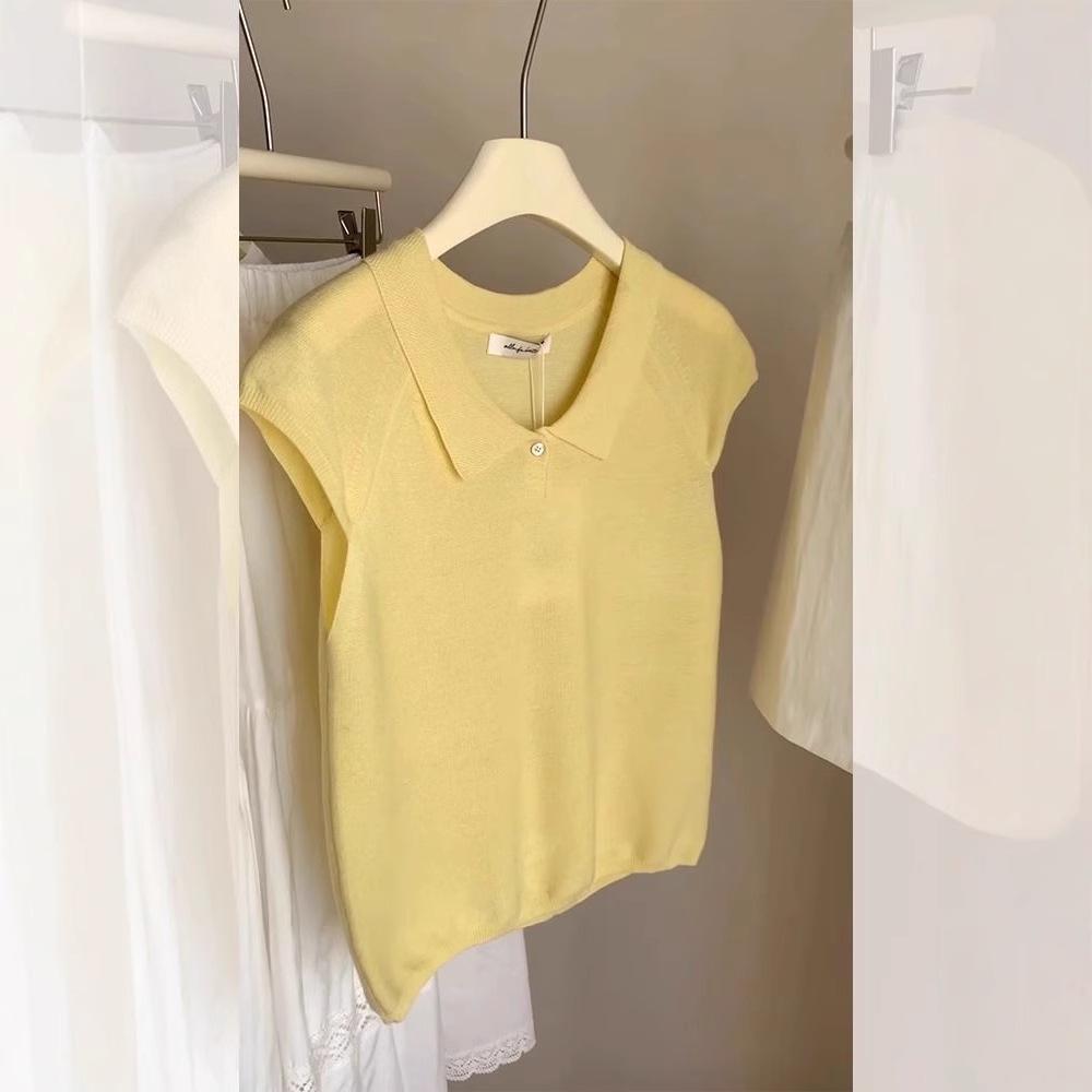 Women's 2025 Summer French Puff Sleeve Ice Silk Knitted Top with Turn-Down Collar