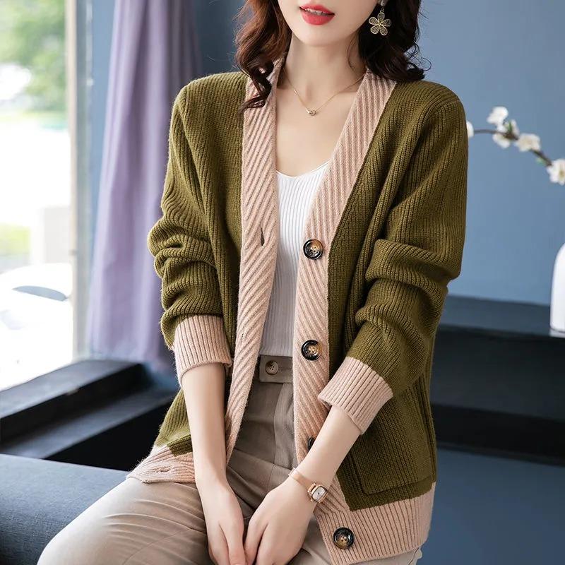 Sweater Coat Women's Loose Korean Style Short Cardigan Contrast Color Tops for Women