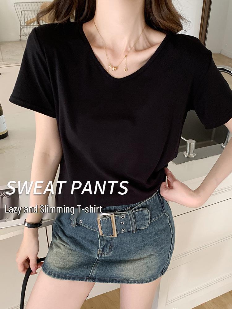 Ladies' Large V-Neck Short-Sleeve T-Shirt - Spring/Summer, Loose Fit, Solid Color, Versatile & Slimming.