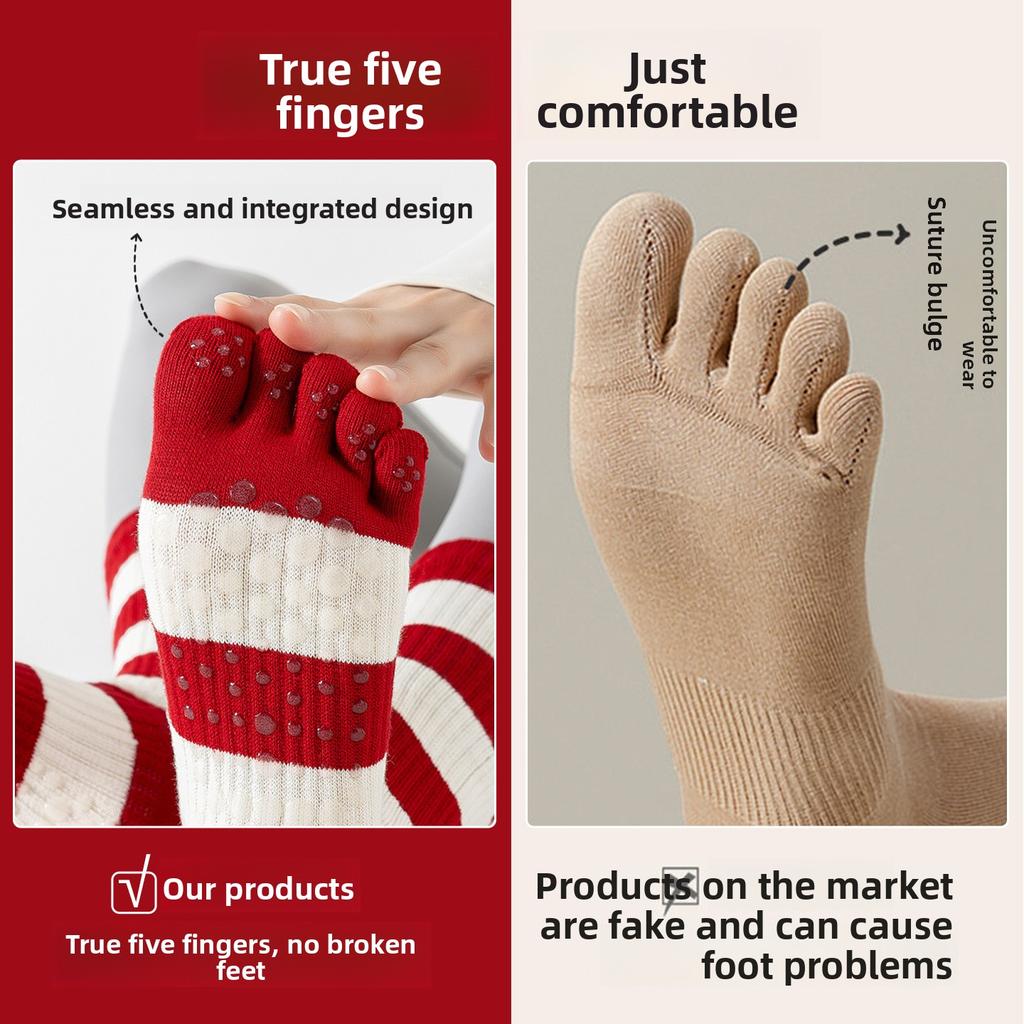 Five-finger Yoga Socks with Anti-slip Properties for Pilates Training Exercises. Red Striped Long Ankle Socks with Split Toes.