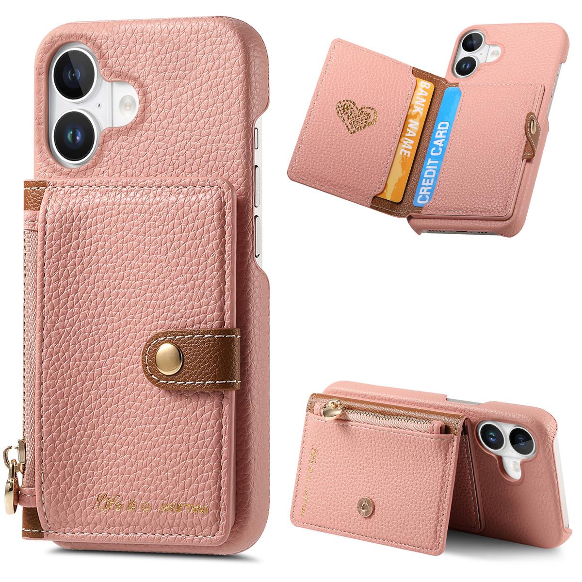 

Y4 For iPhone 16 Plus Case Zipper Pocket Leather+TPU Phone Cover Card Holder Kickstand Pink