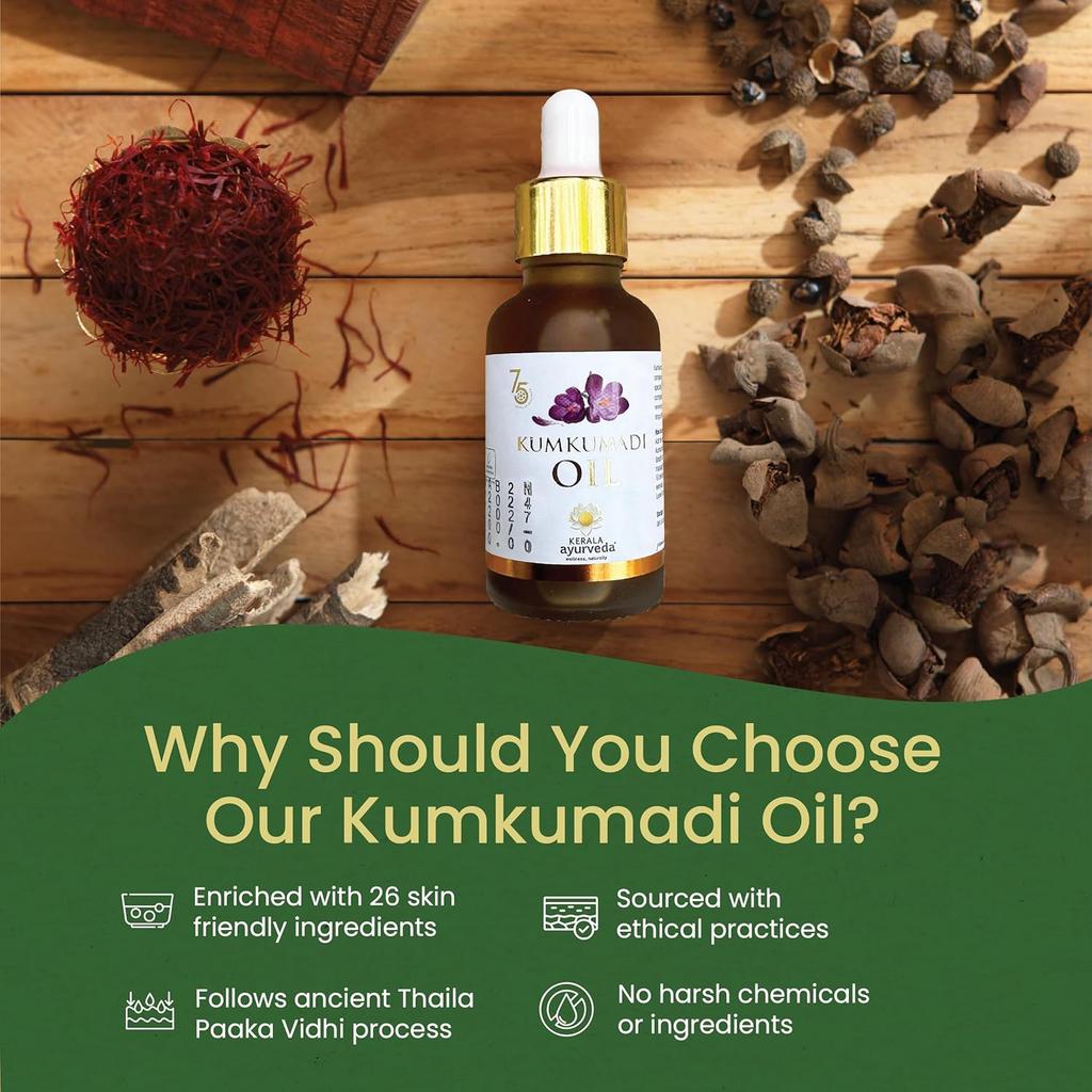 Kerala Ayurveda Kumkumadi Thailam 30 ml Ayurvedisches Gesichtsöl für strahlende Haut und zur Pflege von Pigmentflecken Anti-Aging-Serum