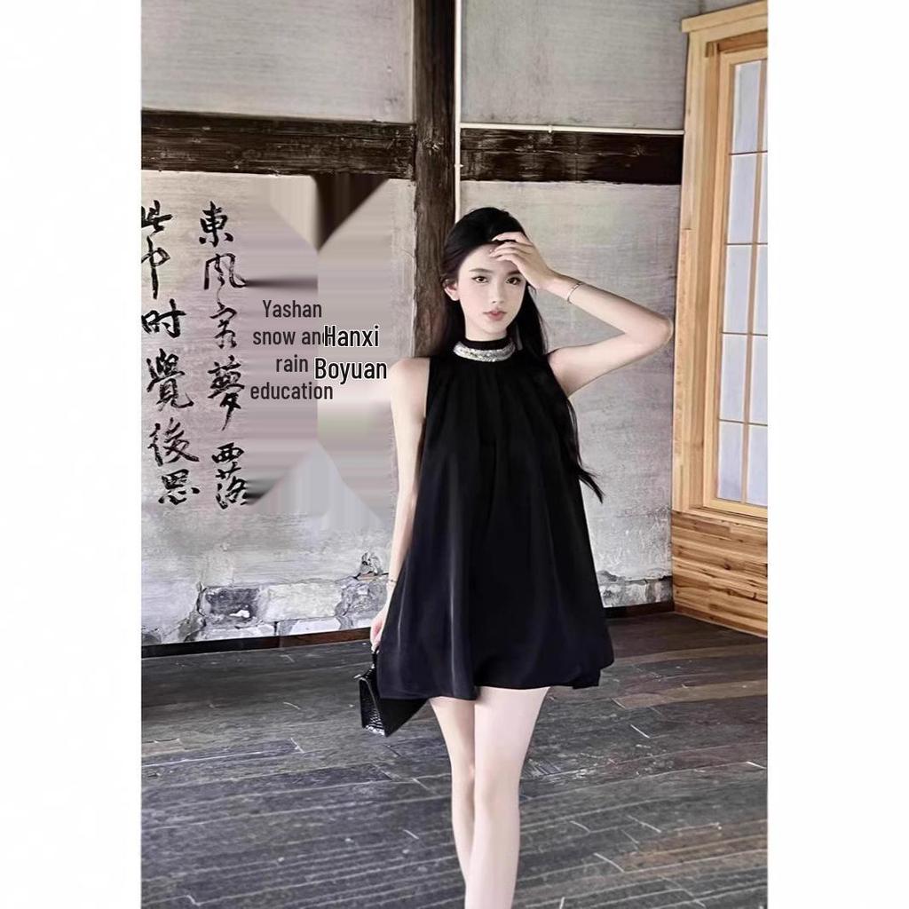 Summer 2024 Black Retro Halter Off-Shoulder Women's Dress