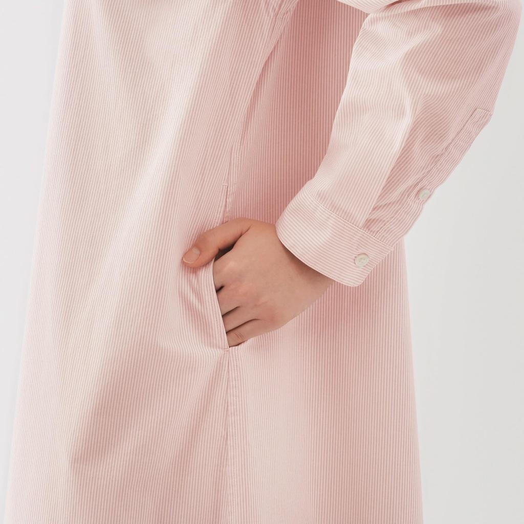 MUJI Women's Washed Broad Stand Collar Long Sleeve Dress, Light Pink Stripes, Size Small, BC2LUA5S