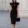 Women's Midi Dress Bow Tie Neck Cap Sleeve Bodycon Slim Fit Elegant Office Dress