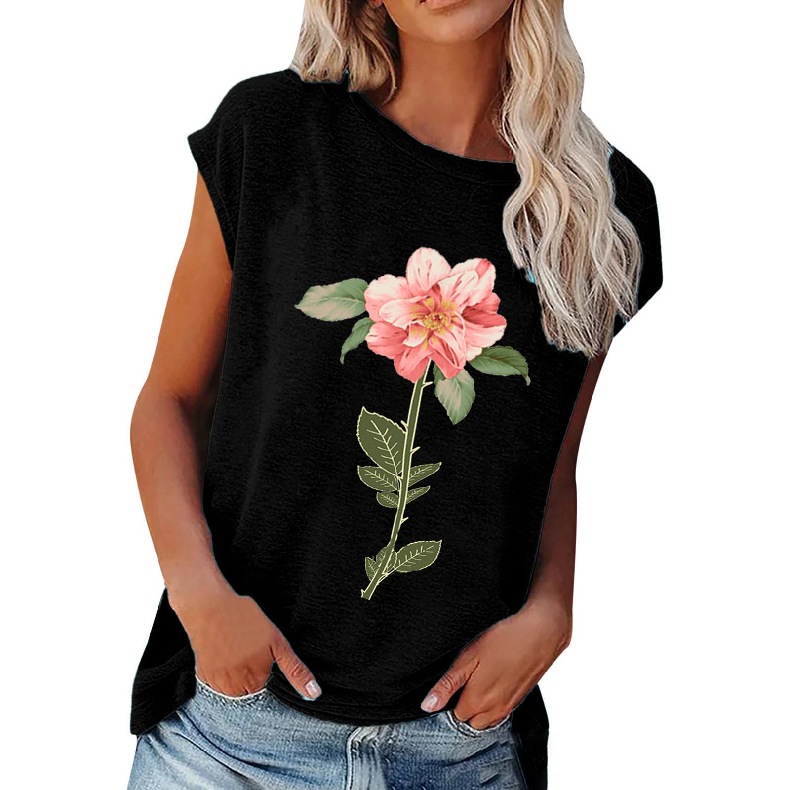 

Women s Summer Casual Fashion Plant Flowers Printing O-neck Short-sleeves Loose T-shirt Top XXXL чёрный
