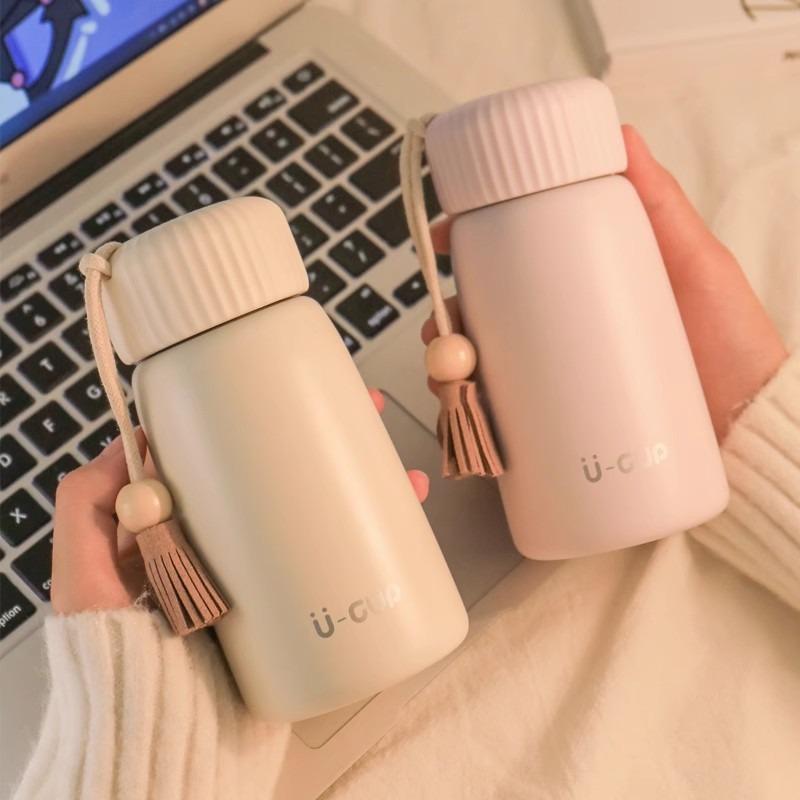 1pcs Mini Insulated Water Bottle Compact Portable Stainless Steel Flask Minimalist Travel Mug with Tassel
