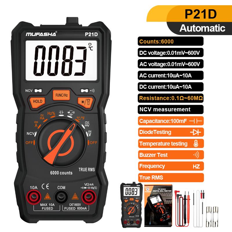 MUFASHA TRUE RMS Multimeter AC/DC Flashlight Digital 6000 COUNTS NCV Smart Multimeter High Precision Multimeter