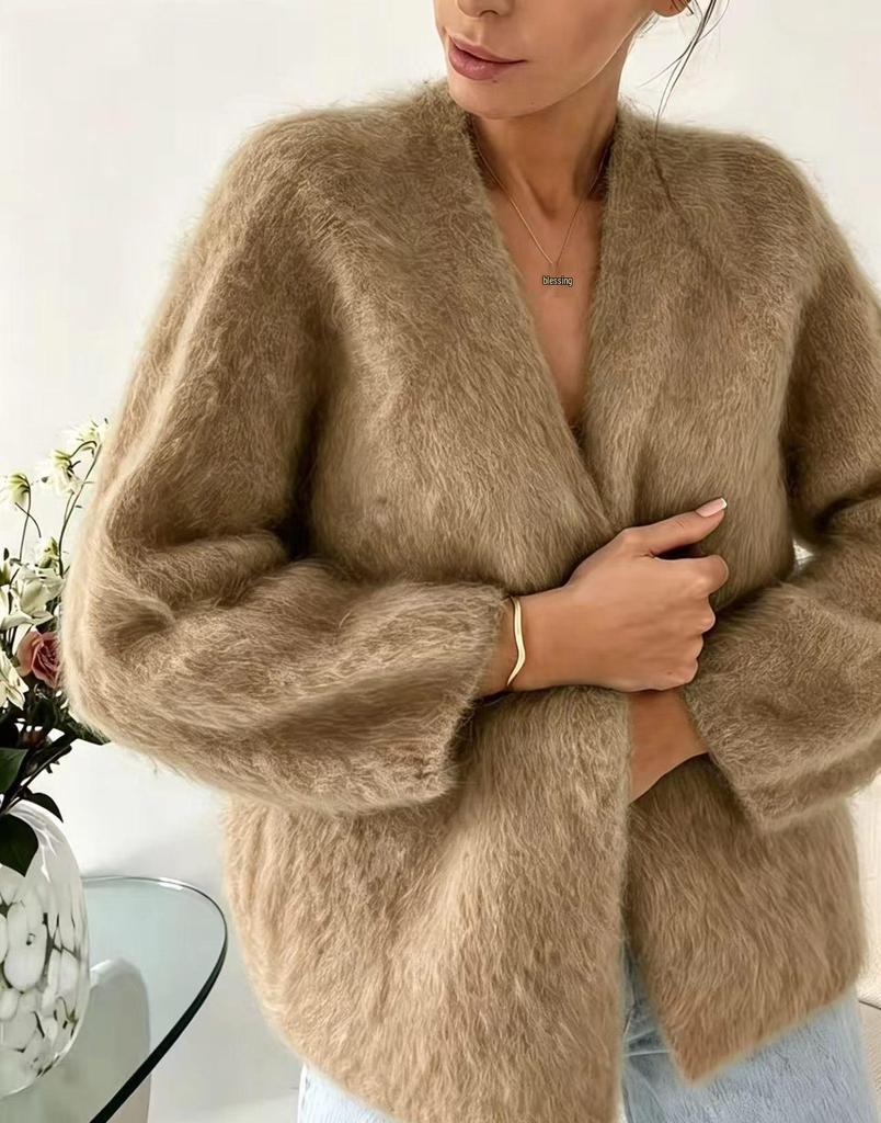 Pure Color Faux Mink Fur V-Neck Women's Cardigan - Loose Fit & Larger Sizes Available