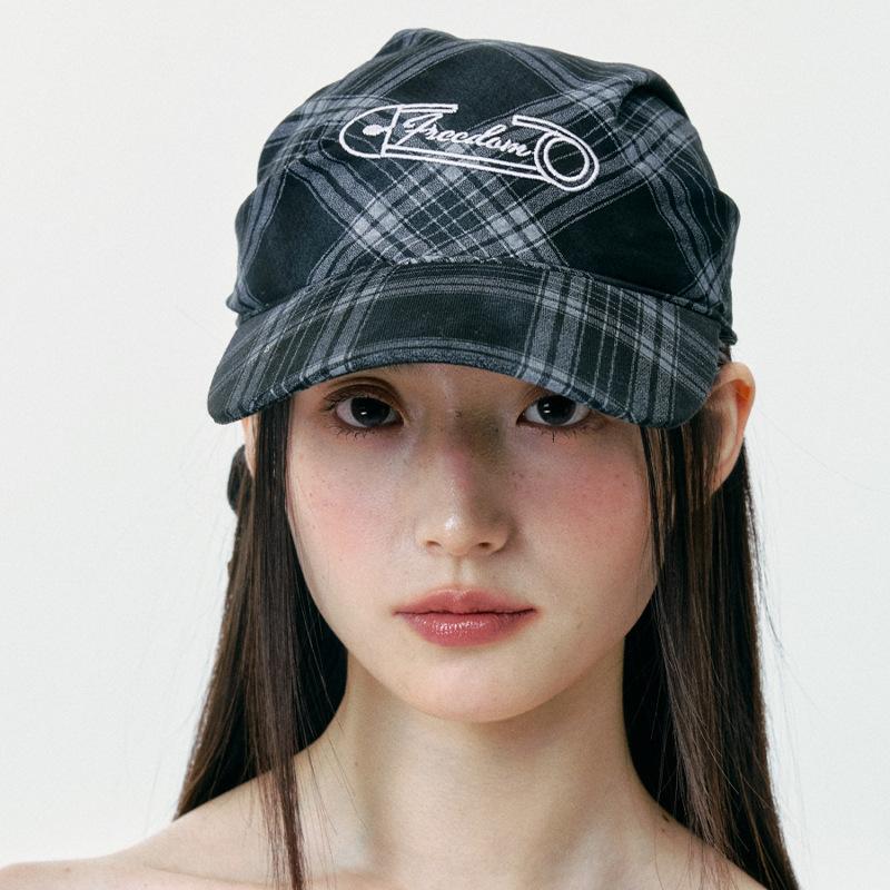 Embroidered Chequered Scarf Hat, Thin-Strap Hat, Sun-Protective Baseball Cap, Hairpin