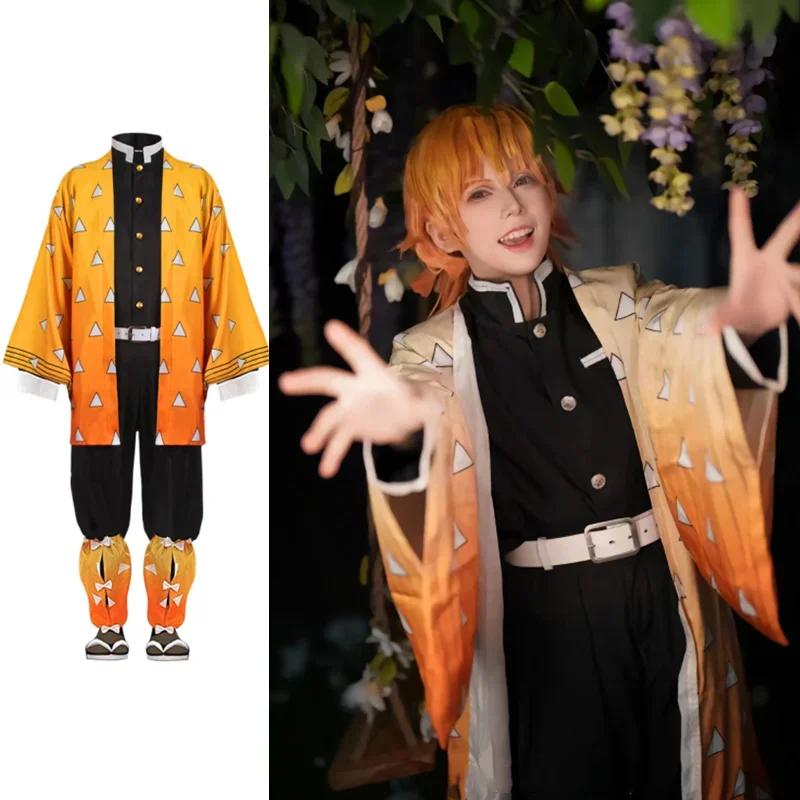 Anime Dämonentöter Kimetsu No Yaiba Agatsuma Zenitsu Cosplay Tuum Perücke Frauen Kimono Uniform Halloween Weihnachtsfeier Kleidung
