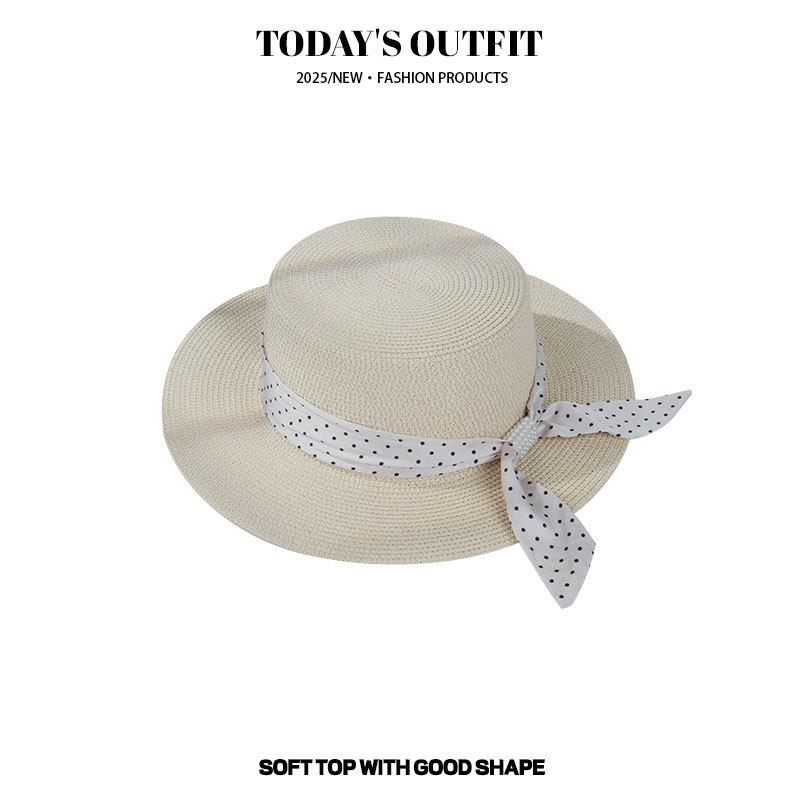 Sommarlov Platt Topp Stråhatt Rutig Rosett Stråhatt Kvinnor Vår Strand Solskyddshatt