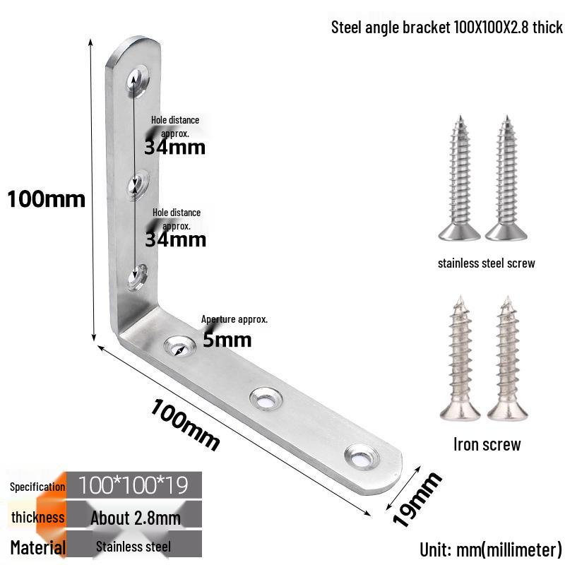 Thickened Stainless Steel 90° L-Shaped Bracket for Furniture and Shelves