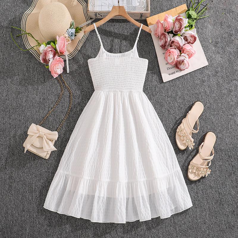 Elegantní bílé šaty pro dívky Jaro/Léto Dětská móda Bez ramínek Lodičkový výstřih Šaty se zúženým pasem