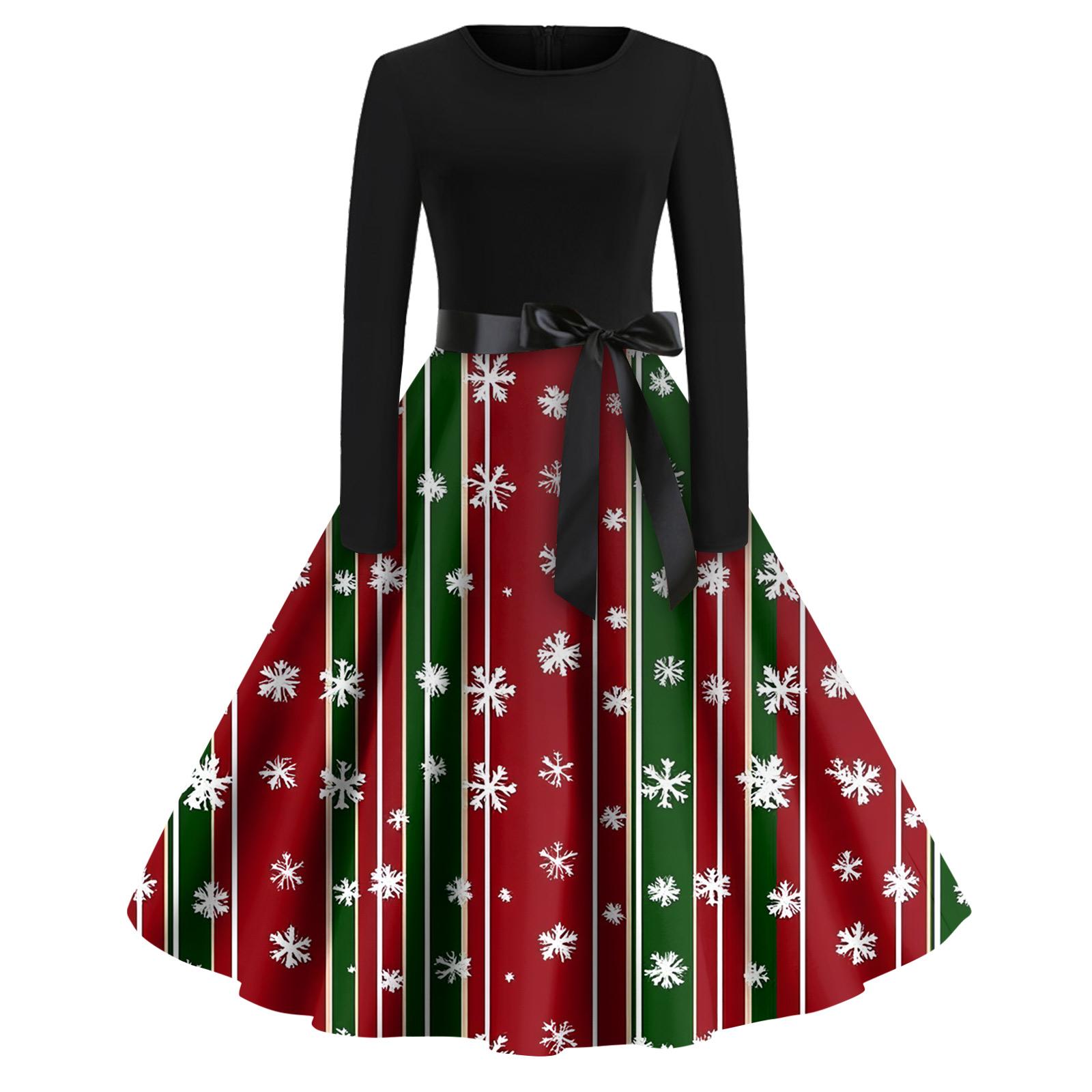 

Christmas Print Flare Dress For Women Long Sleeve Dress Hollow Party Casual Dresses M