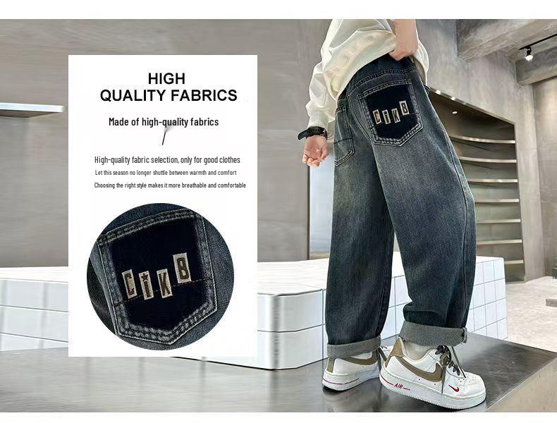 Spring/Autumn Loose-Fit Jeans for Boys, Ages 7-14, Children's Casual Long Pants.