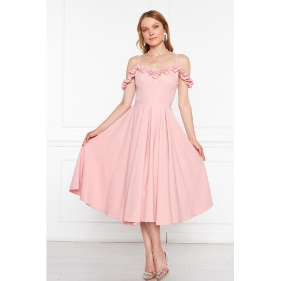 Women's Adjustable Strap Ruffle Detailed Collar Pleated Flared Midi Evening Dress