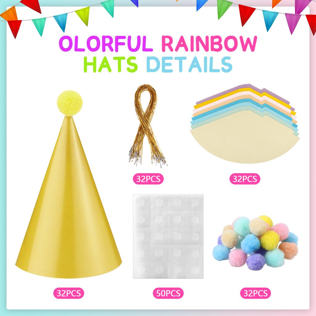 Pastel Birthday Party Hats For Kids Glitter Powder Rainbow Cone Kids Hats Pastel Rainbow Themed Paper Ha-Ts