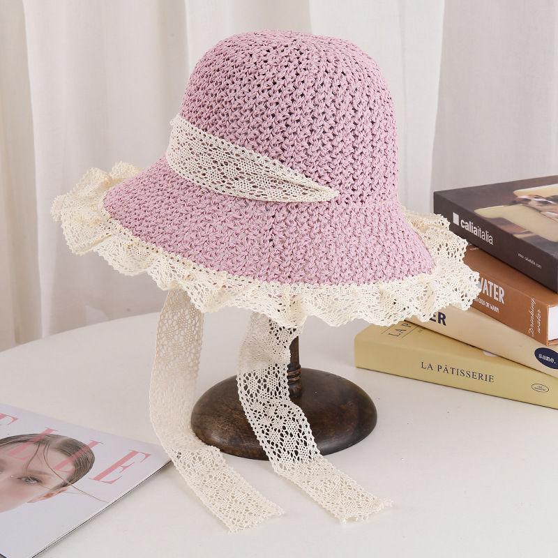 Sunshade Straw Hat Women's Large Eave Lace Bow Sunshade Hat Foldable Seaside Beach Sun Hat