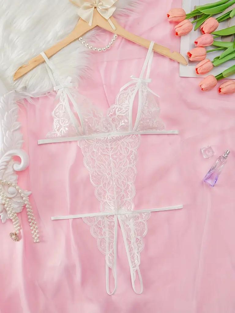 White Hollow Crotchless Bodysuit Slim Erotic Mesh Lace Jumpsuit Bodysuit Summer Sexy Fashion Sleepwear Dress  Women Clothing