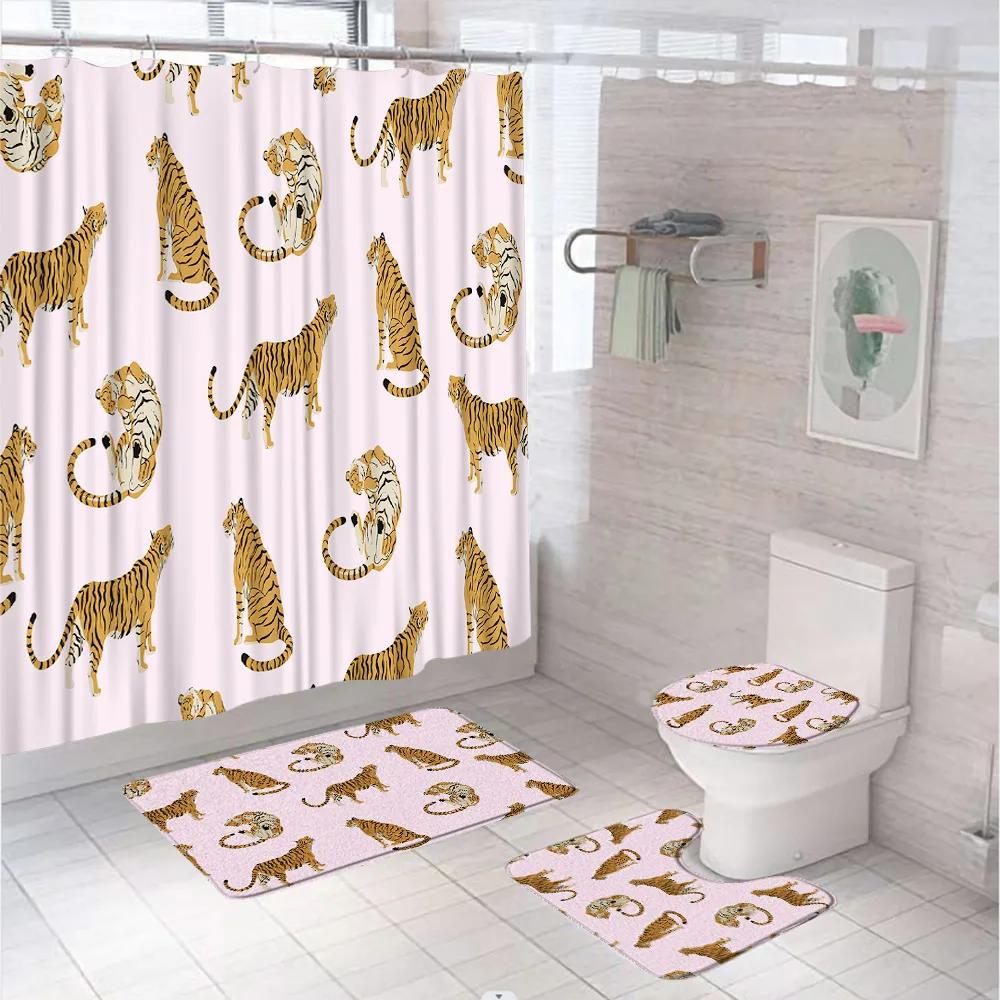 Tiger Shower Curtain Set Tropical Palm Leaf Wildlife Animal Jungle Zebra Leopard Bathroom Curtains Rug Bath Mat Lid Toilet Cover