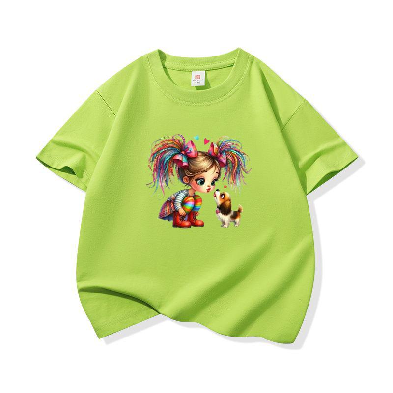 Kids Cotton T Shirt Rainbow Hair Girl Kissing Puppy Dog Print Crew Neck Short Sleeve Tee Casual Boys Girls Summer Tops