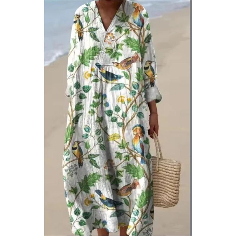 Y2 new long-sleeved shirt dress women s casual floral 3D printed sleeve dress S