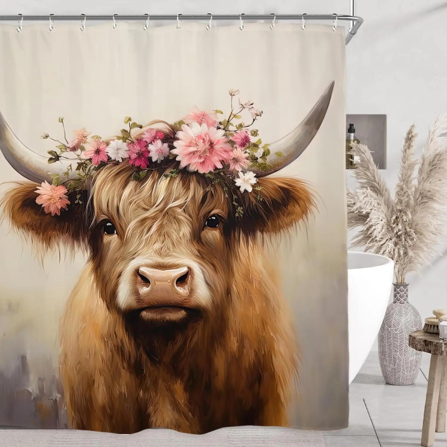 

Highland Cow in Bathtub Shower Curtain Rustic Farm Vintage Door Window Autumn Sunflower Polyester Shower Curtains Bathroom Decor 90x180cm