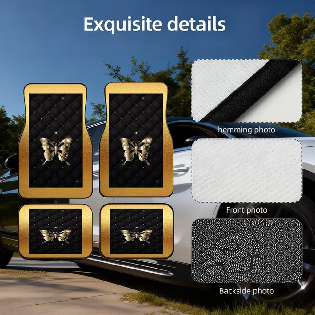 Set Of 4 Car Floor Mats Featuring A Golden Butterfly And Gem Pattern, Made From Polyester, Offering A Luxurious And Elegant Touc