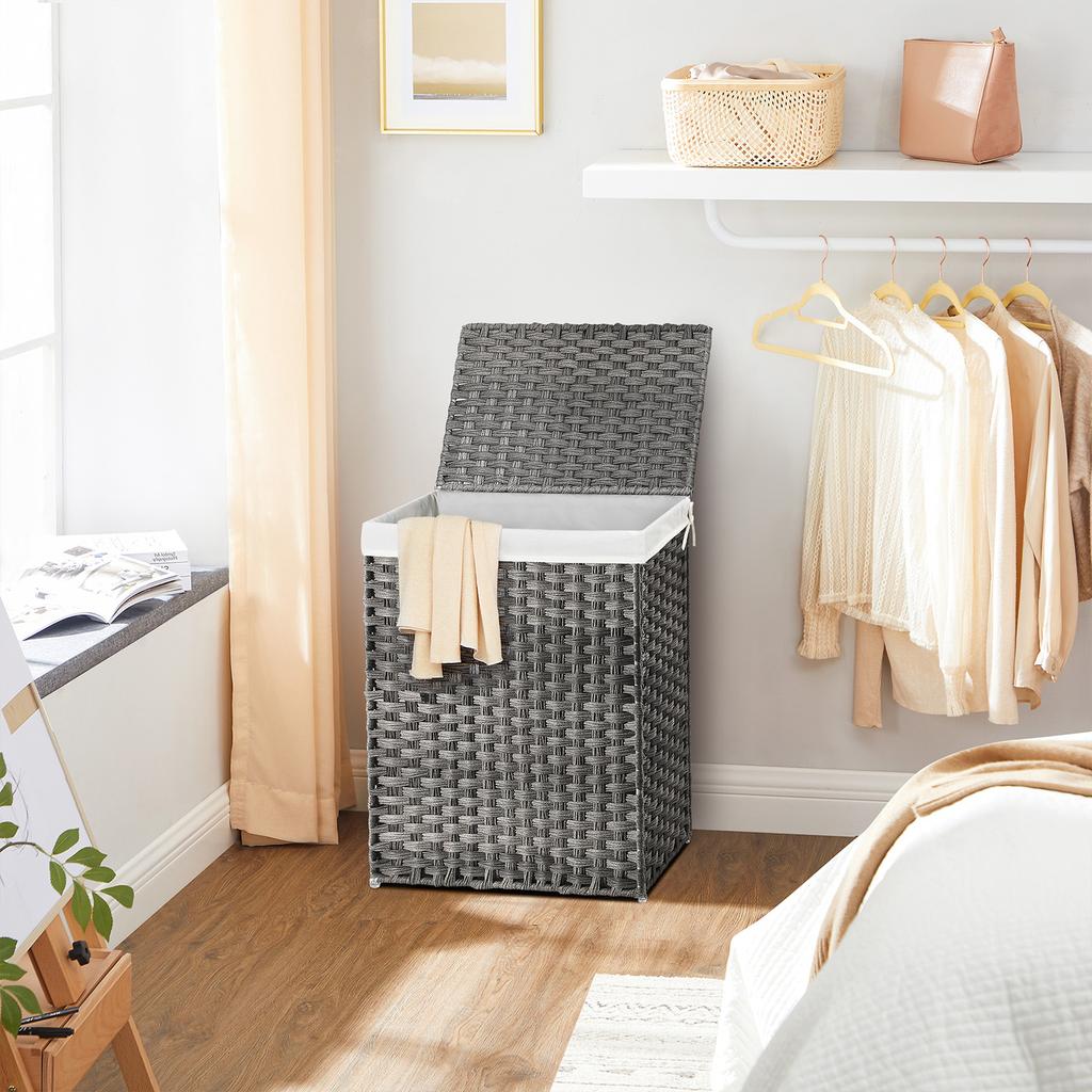 SONGMICS Handwoven Laundry Basket, 90L Synthetic Rattan Clothes Hamper with Lid and Handles, Foldable, Removable Liner Bag, Grey