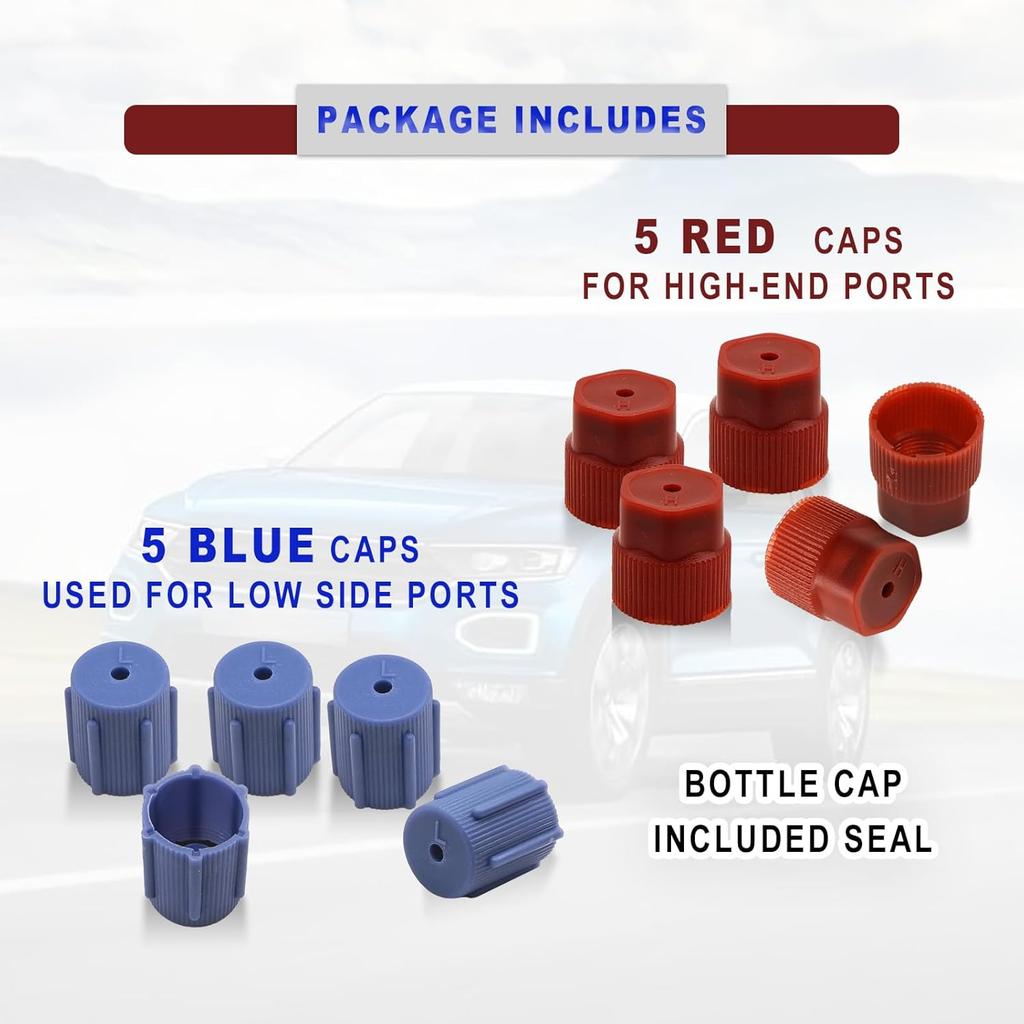 10Pcs R134a Cap A/C Cap 13mm & 16mm Air Conditioning Service AC System Charging Port Caps, 5 Sets Blue Low Side and 5 Sets Red High Side