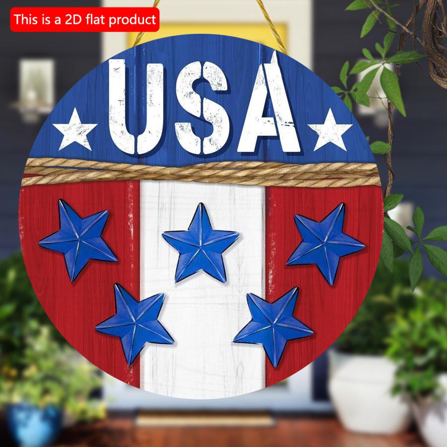 2D flat 20*20cm1pc USA Flag Theme Red&White&Blue stripes Star elements Round ornament, Patriotic Independence Day Welcome Sign For Wall, Simple