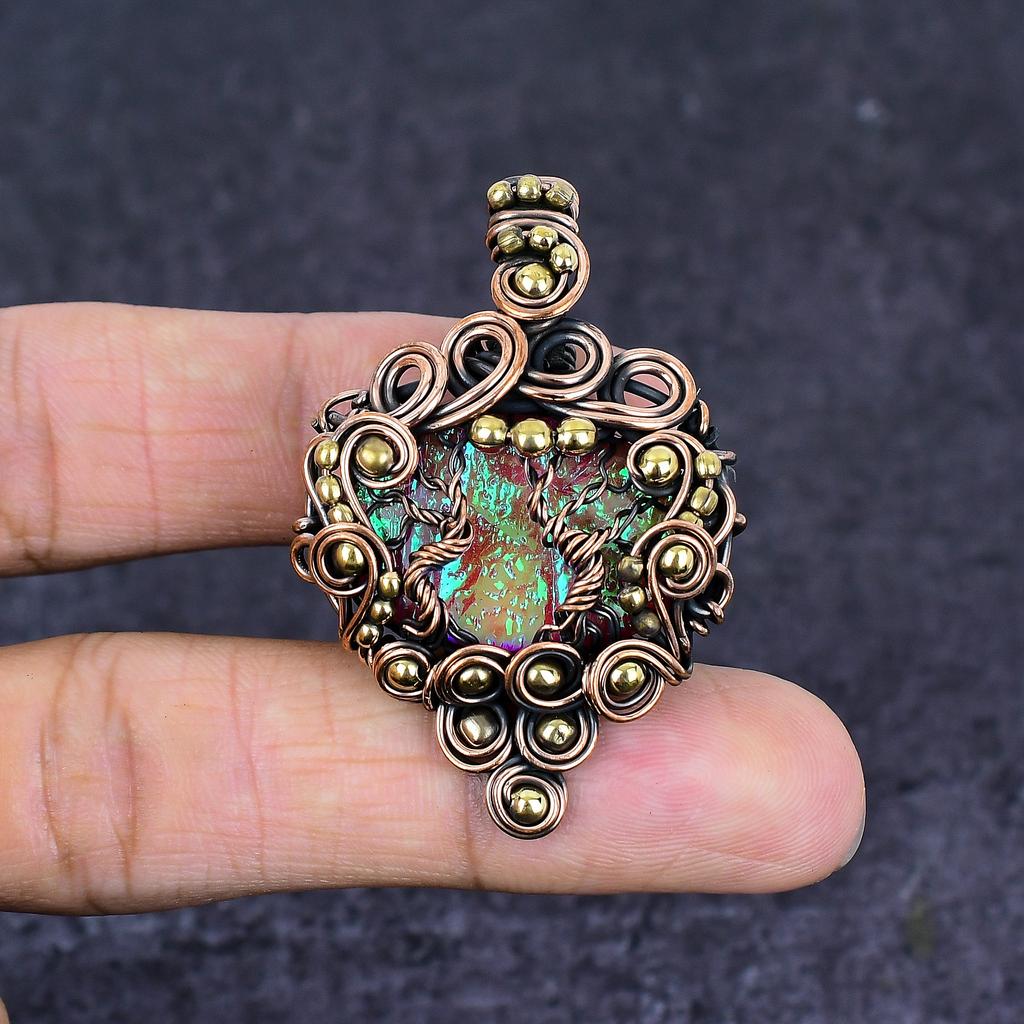 Pink Triplet Opal Gemstone Copper Wire Wrap Jewelry Pendant 2.05"