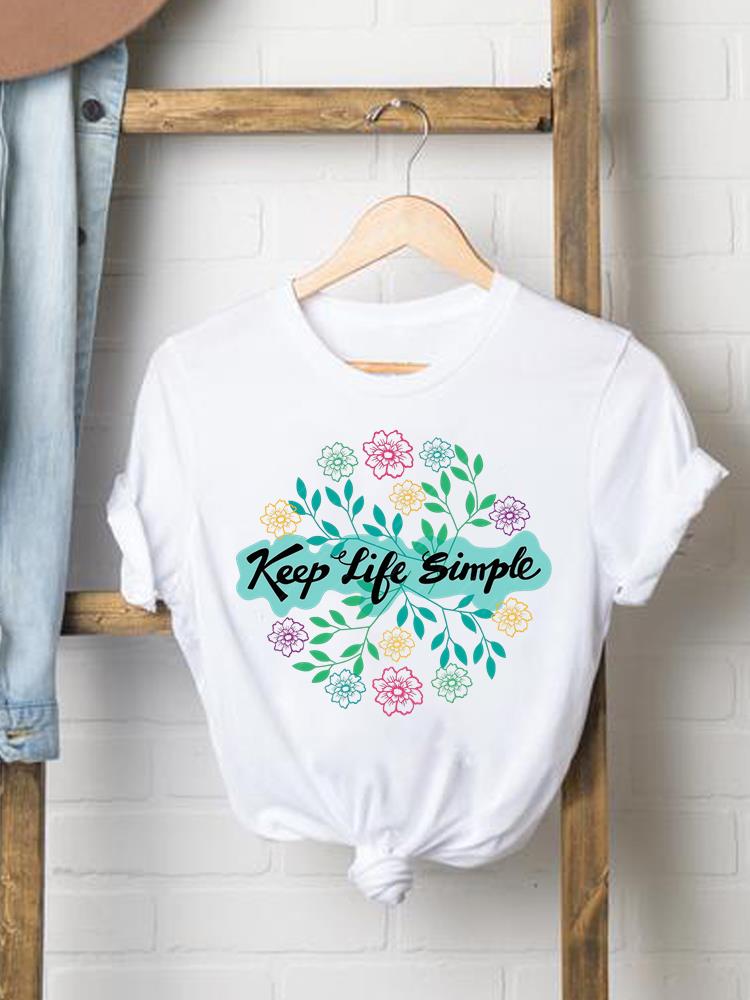 (Asian Size) Women Fashion Tee Top Clothing T Shirt Woman Print Female letter trend 90s flower Short Sleeve Graphic T-shirts