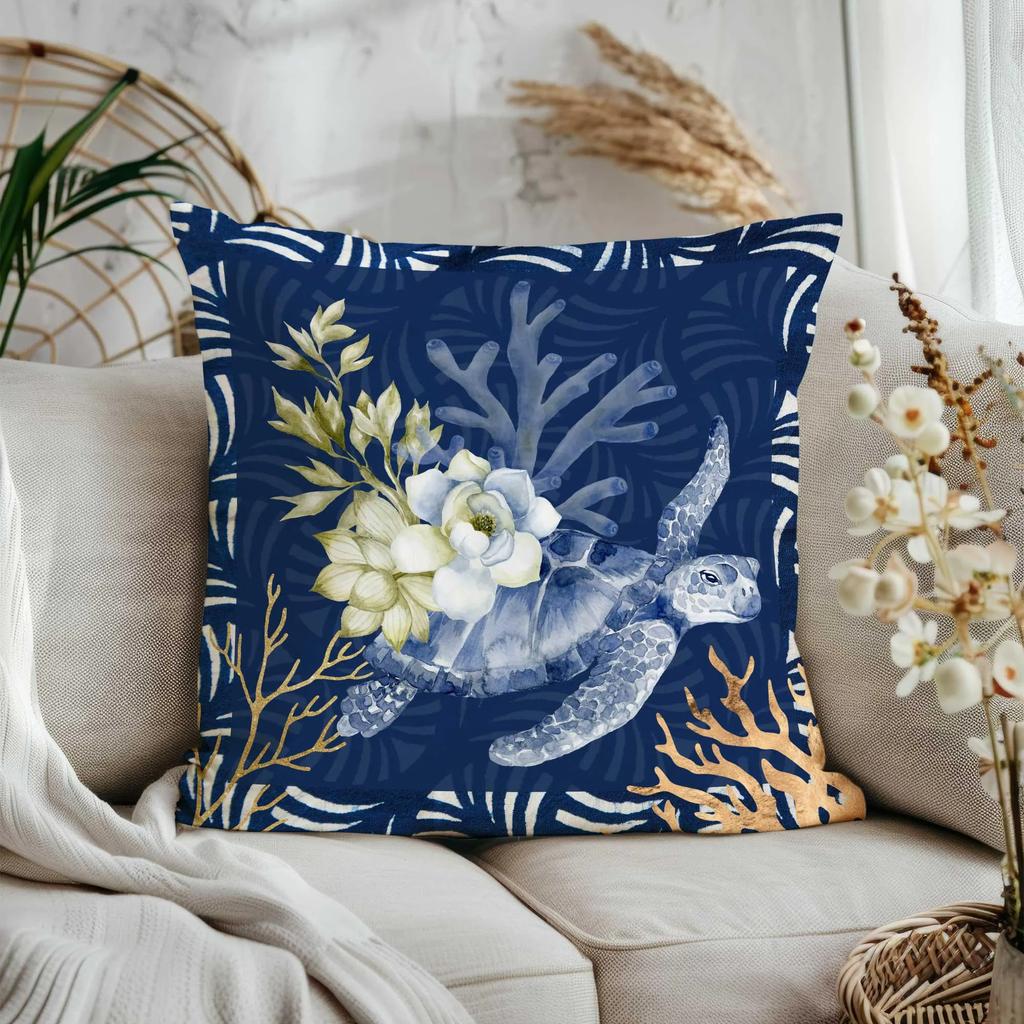 1Pc Navy Blue Coastal Marine Pillow Cover 2D Double Sided Print Polyester Coral Turtle Decor For Sofa Bedroom Beach Gift