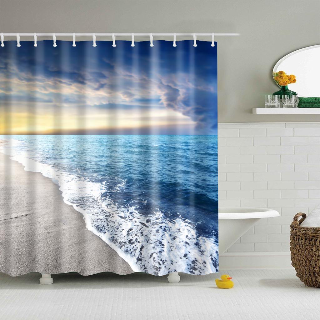 Customized Blue Sky Beach Shower Curtain Modern Scenery Print Bathroom 3D Blackout Curtain Large 180x200cm for Bathroom Cortina