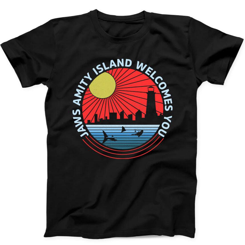 

Amity Island Welcomes You Jaws 70s Film Quints Funny Gift Black Tee T Shirt 182 4XL
