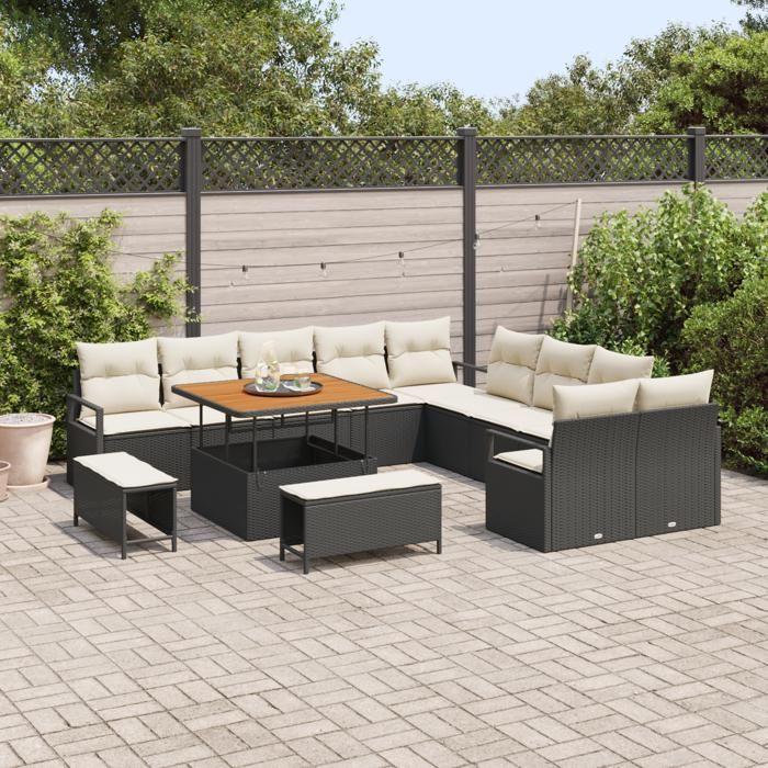 13-piece Garden Sofa Set with Black Poly Rattan and Acacia Cushions, 2-seater Garden Sofa with Cushions 3362575