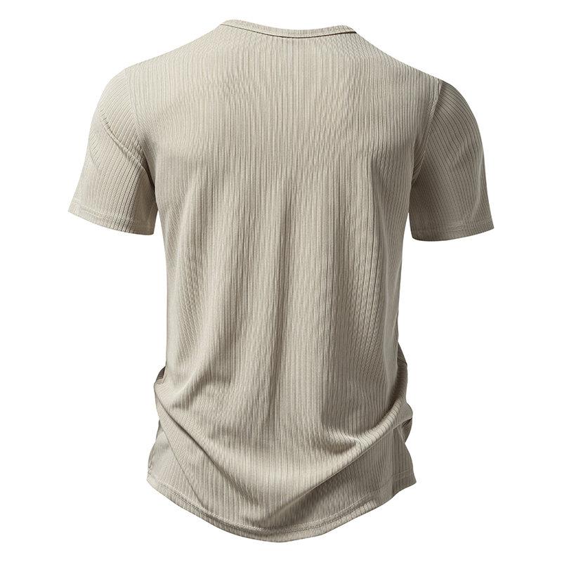 Nové letní pánské tričko Henry Collar s krátkým rukávem Jednobarevný pruh Ležérní Knoflíček Topy Trička Muž