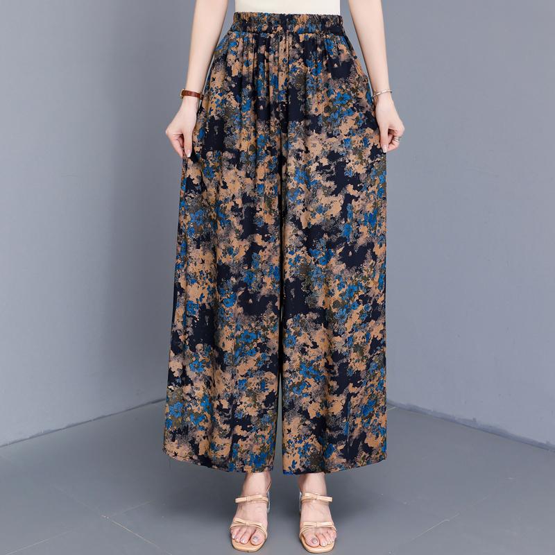 Women's Plus Size Cotton Silk Printed Wide Leg Pants, Elastic Waist Casual Summer Trousers (XL-5XL)