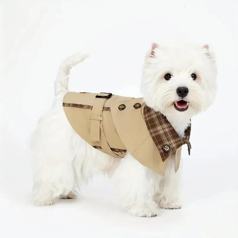 British Style Dog Coat Beige & Brown Plaid with Adjustable Straps Durable Polyester Pet Gentleman's Vest for Small Medium Dogs