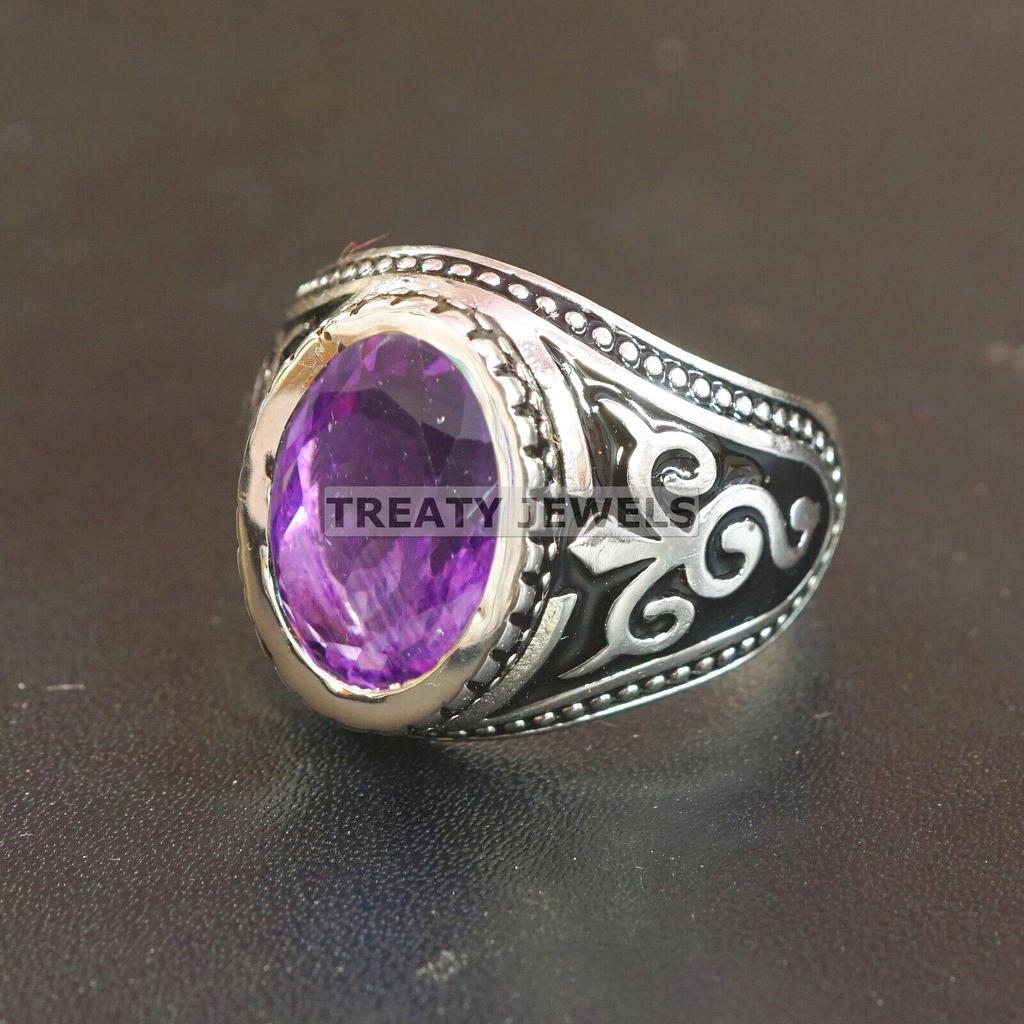 Amethyst Oval geschliffener Edelstein mit 925er Sterling Silber Ring für Herren #A686 JL375658868684