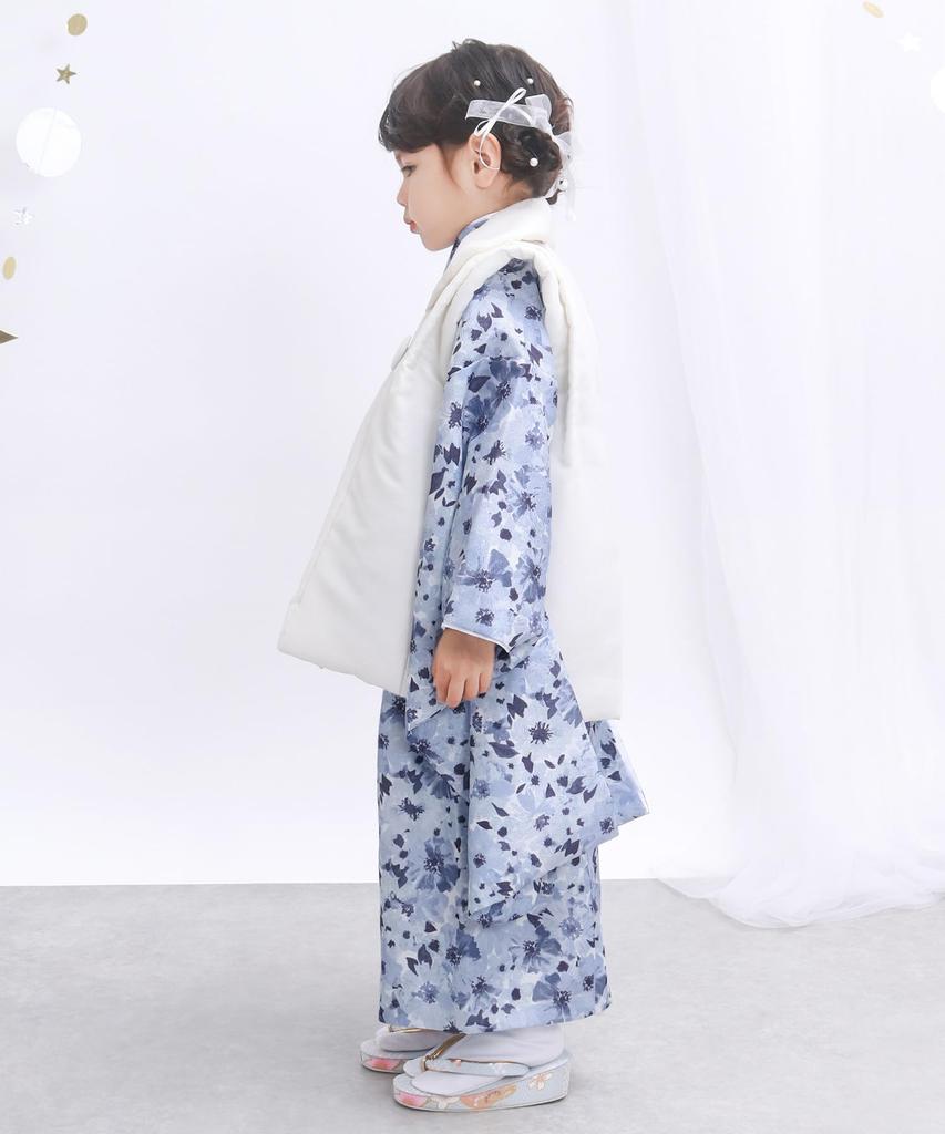 KYOETSU Set for Ceremony Includes Kimono and In a Dull Color Light Blue Flower 4-Piece Girls' Shichi-Go-San (753), Two-Piece Set, Hifu, Accessories,