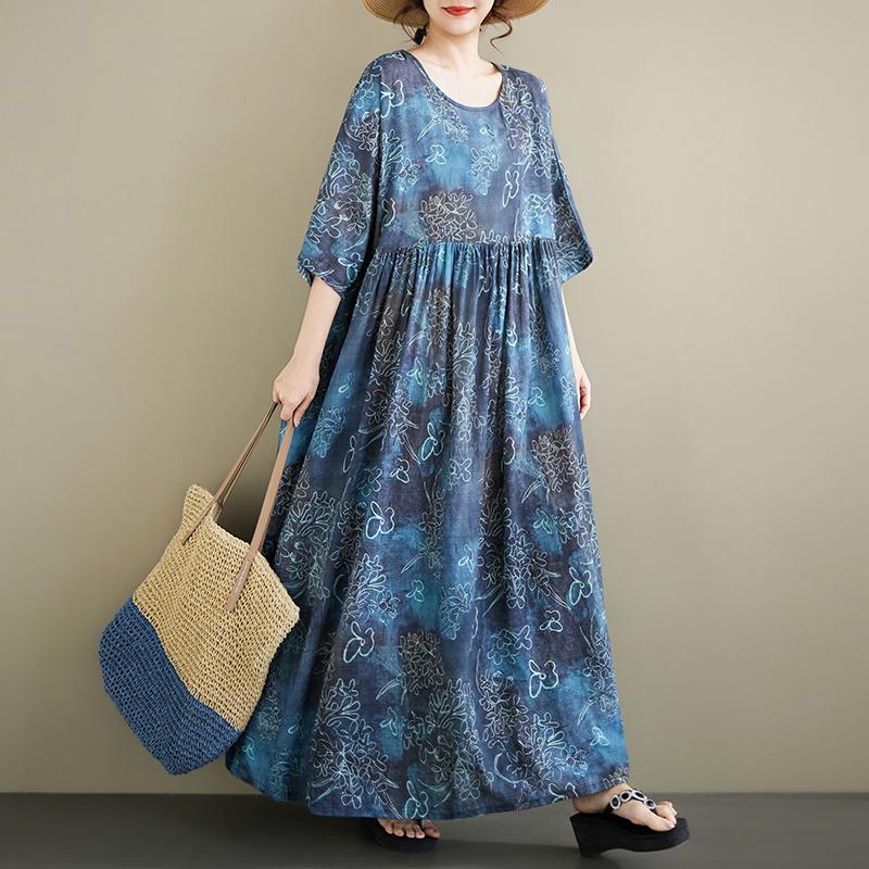 DIMANAF 2026 Summer Beach Women Plus Size Vintage Lady Long Dress Loose Oversize Maxi Print Cotton New