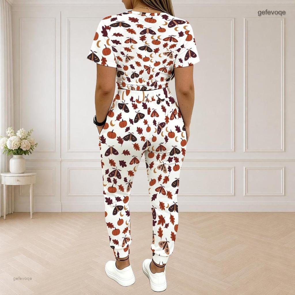 Women Plus Size White Printed Round Neck Short Sleeve Top Drawstring Cuffed Pants Two Piece Set With Pockets