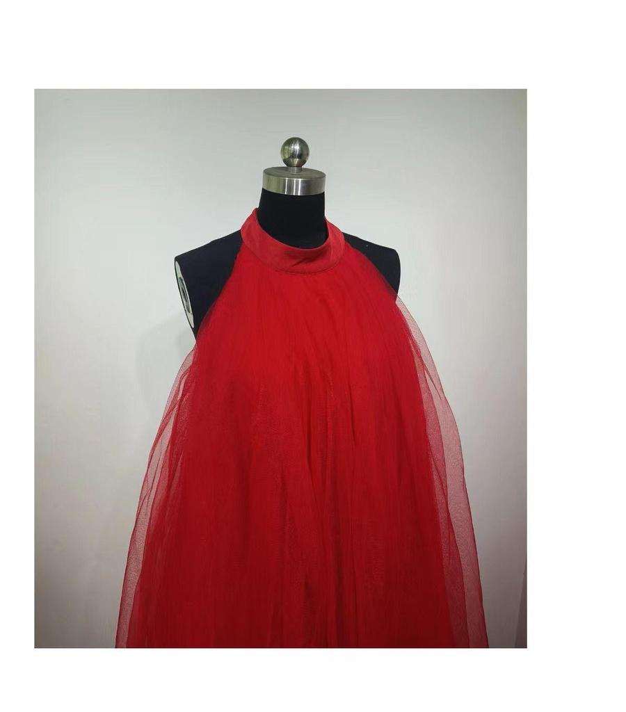 New Chinese-Style Red Backless Off-Shoulder Bridal Toast Dress with Festive Tulle